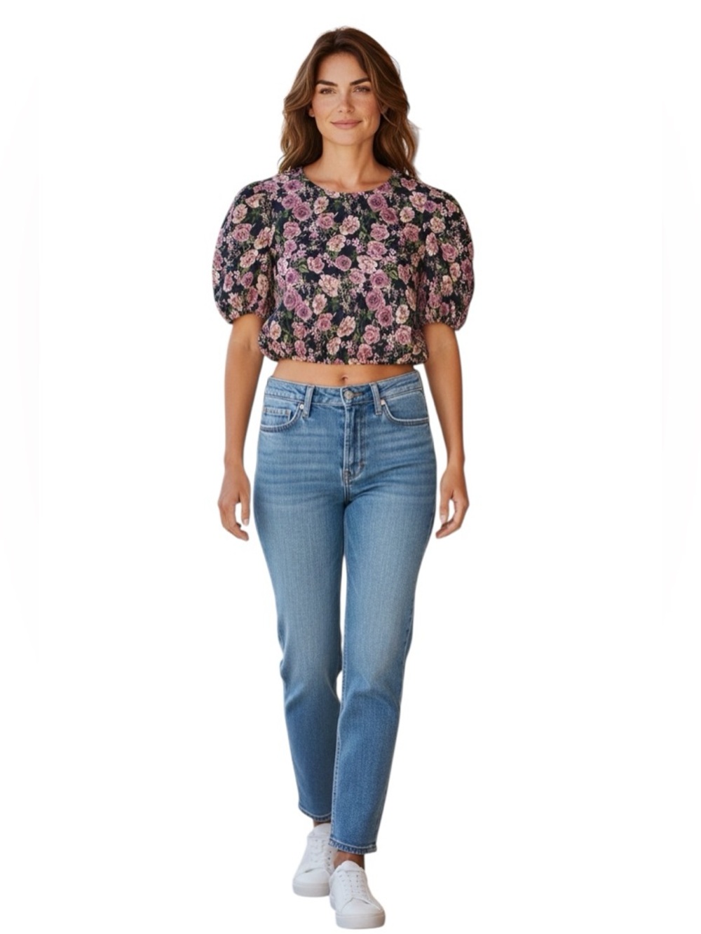 Cami NYC Linen Flor Crop Puff Sleeve Antique Floral Cottagecore Blouse NEW Large